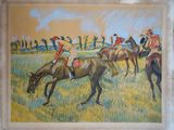 une photo d'un tableau représentant des chevaux et des jockeys dans un champ
