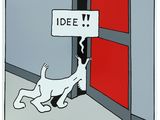 une image représentant un chien de bande dessinée tenant une pancarte dans la gueule