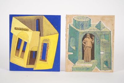 two paintings of a woman in a building and a man in a building