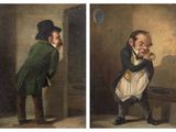 two paintings of a man in a green coat and a man in a white shirt