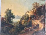 an old painting of a landscape with a castle on a hill
