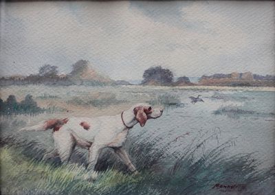 un tableau représentant un chien qui se promène dans l'herbe