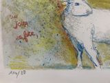 a drawing of a sheep that is standing in front of a wall