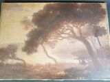 une vieille photo représentant une peinture d'un arbre dans un champ