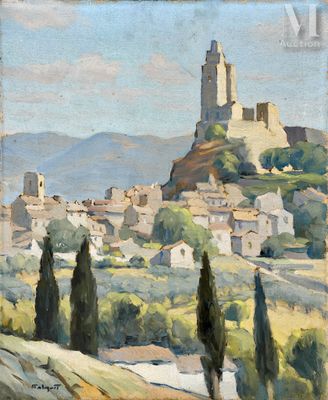 an image of a painting of a village with a castle in the background