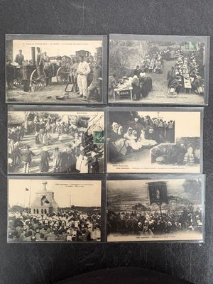several old black and white photos of people and horses in a field