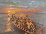 a painting of a group of people in a boat on the water