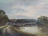 une peinture d'une rivière avec un pont à l'arrière-plan