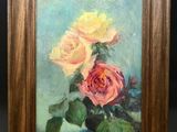 une peinture à l'huile représentant deux roses jaunes et roses, dans un cadre en bois