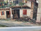a painting of a house with a balcony on the side of it