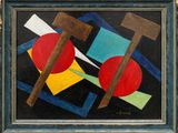 an image of a painting of a cross and a red ball