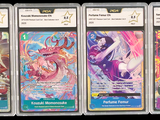 four different pokemon trading cards in a row on a black background