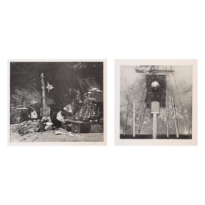 deux photographies en noir et blanc représentant un homme et une femme travaillant sur une tour