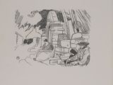 an image of a black and white drawing of a man sitting on a bench