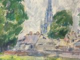 an oil painting of a view of a river with a church in the background