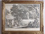 an antique framed picture of a group of people in a wooded setting