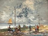 a painting of a group of people on the beach