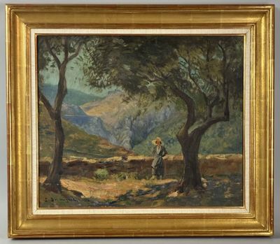 an image of a painting of a man walking through a forest