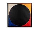 a painting of a black circle with a red, yellow, and blue circle
