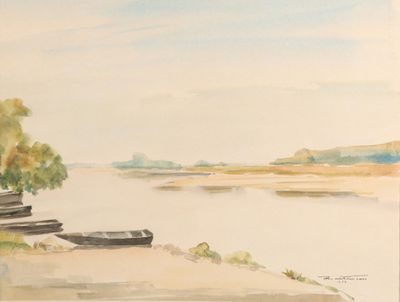 Joseph MARTINEAU (1911-1996) Scène lacustre avec barques
