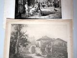 two old black and white pictures of people and animals in a room