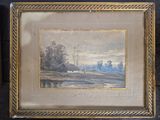 a painting of a landscape with trees and a river in the foreground