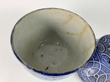 a blue and white bowl with a lid on a table