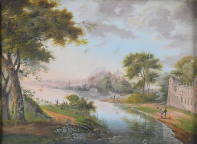 École française du XIXème siècle, Paysage animé en bordure de château,