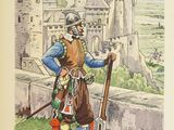 a picture of a man with a rifle standing in front of a castle