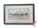 framed watercolor painting of a landscape of a marsh with a house in the distance
