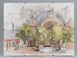 painting of a watercolor of a train station with cars parked in front of it