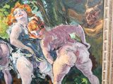 a painting of three women in a field with a dog