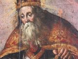 an old painting of a man with a long beard and a crown