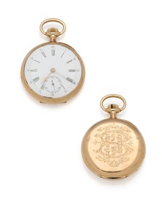 two gold pocket watches, one with a gold dial and the other with a white dial