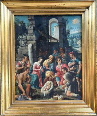 une peinture à l'huile représentant un groupe de personnes rassemblées autour d'un bébé