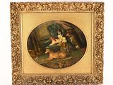 tableau représentant une femme avec un chien et un chat, dans un cadre doré
