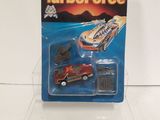 a close up of a toy car on a clear shelf