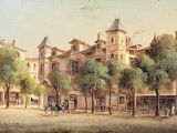 tableau représentant une scène de rue avec une calèche devant un immeuble