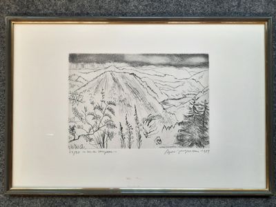 dessin représentant un paysage de montagne avec des arbres et des montagnes en arrière-plan