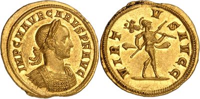 a gold coin with an image of a man holding a sword
