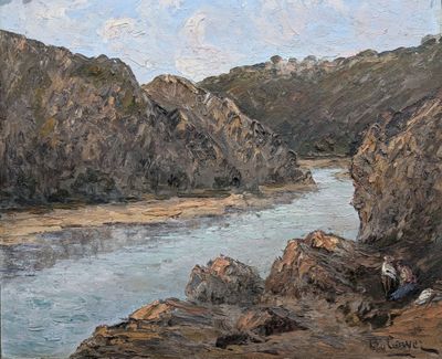un tableau représentant un homme assis sur un rocher au bord d'une rivière