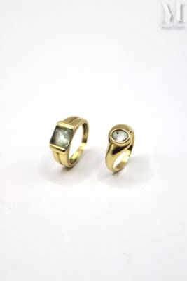 pair of gold rings with a green stone in the middle