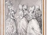 a black and white drawing of a group of women in dresses