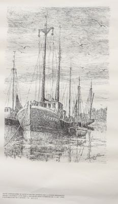 a drawing of a boat in the water with other boats in the background
