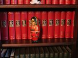 a book shelf with many books and a doll on it