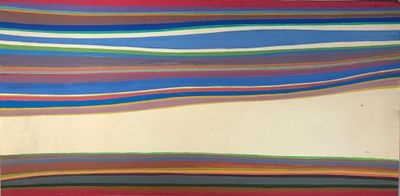 an abstract painting of multicolored lines on a white wall