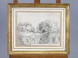 un dessin représentant une vue d'un parc avec un bâtiment en arrière-plan