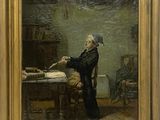 tableau représentant un vieil homme en train d'écrire une lettre dans une pièce où se trouve une chaise