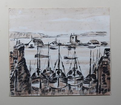 a picture of a painting of boats in the water