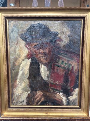 une peinture à l'huile représentant un homme portant un chapeau et tenant un livre